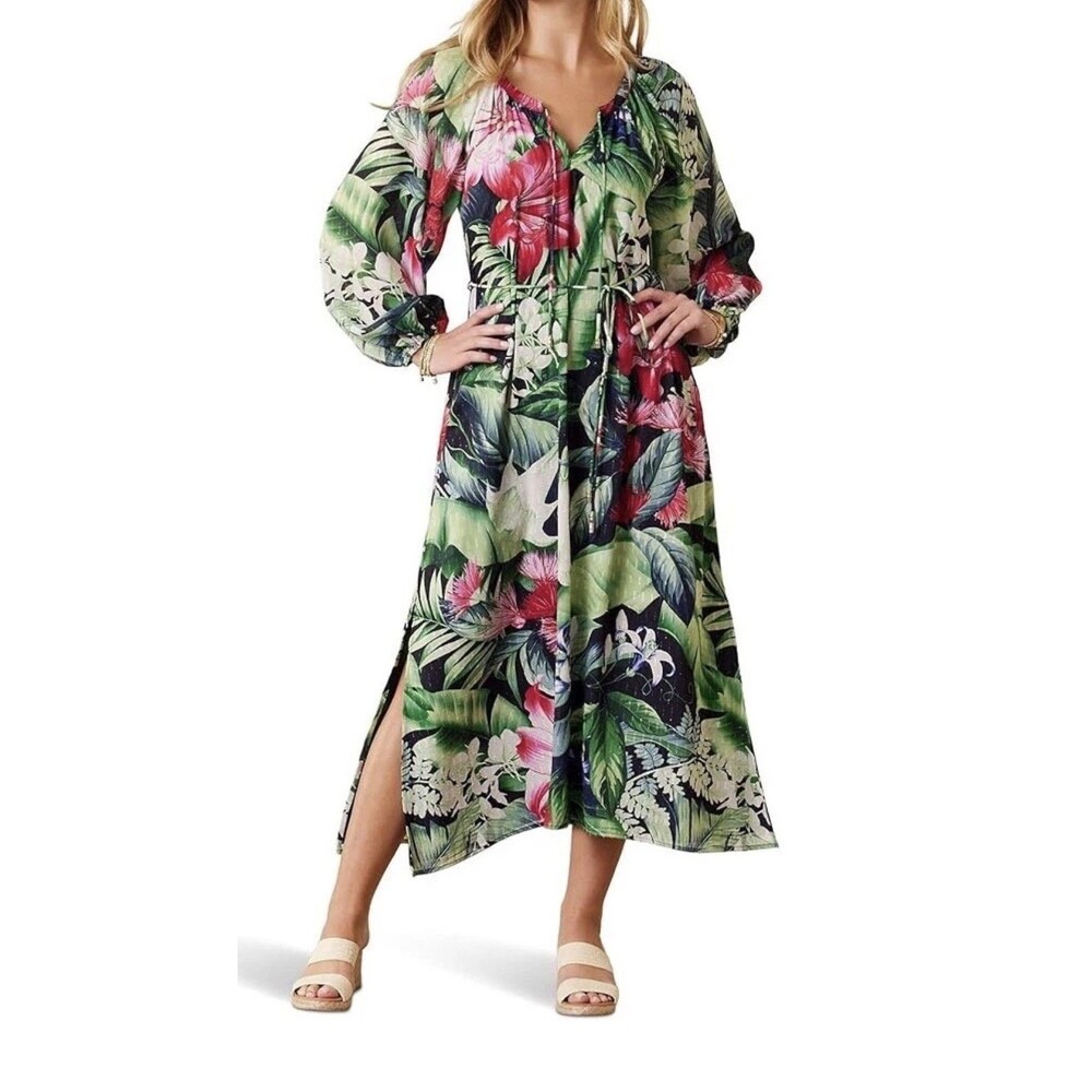 Tommy Bahama Celebration Tropical Long Slv Maxi Dress Black Floral S NWT $225